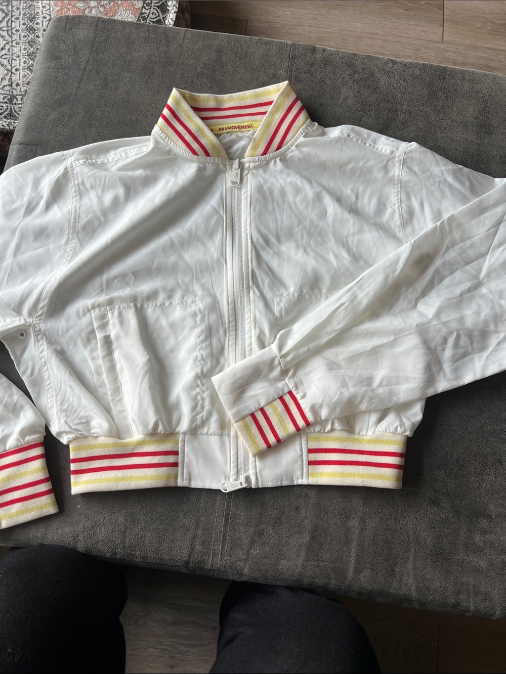 Free People Womens. White Bomber Jacket with Yellow & Red Stripe Trim. XS